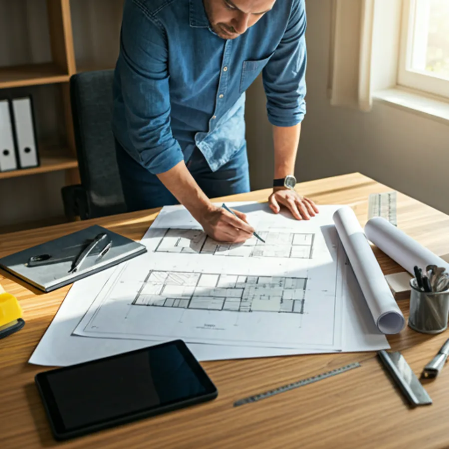 Architect Reviewing Blueprints
